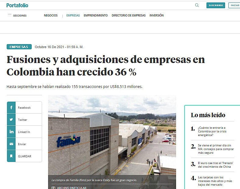 Fusiones y adquisiciones de empresas en Colombia han crecido 36 %